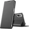 A black flip case for a smartphone is shown, with the phone partially visible inside. Produktbild-Vorschau