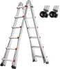 A silver, multi-purpose A-frame ladder is shown against a white background. Two black wheels are also visible in the upper right corner of the image. Podgląd zdjęcia produktu