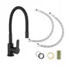 A black kitchen faucet with a flexible hose and accompanying plumbing accessories are laid out on a white background. Produktbild-Vorschau
