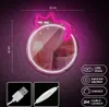 A neon cat-shaped light with a mirror, displayed in a room setting, with product features highlighted. Produktbild-Vorschau