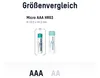 A size comparison chart showing two AAA batteries. Produktbild-Vorschau