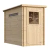 A wooden garden shed with a window and a door, isolated on a white background. Produktbild-Vorschau