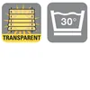 Two icons are displayed side-by-side on a white background. The left icon depicts a sun shining through blinds, with the word "TRANSPARENT" below it. The right icon shows a basin with wavy lines indicating water and the text "30°". Produktbild-Vorschau