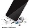 A smartphone case is shown falling and impacting a cracked surface, illustrating its protective qualities. Produktbild-Vorschau