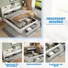 A collage of images showcasing a white bed with storage features, including a headboard with compartments and under-bed storage options. Produktbild-Vorschau