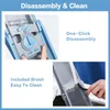 Collage showing details of a blue and gray vegetable slicer, focusing on disassembly and cleaning. Voir les images du produit