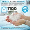 Hands holding loose down and feathers, with text and logos overlayed. Produktbild-Vorschau