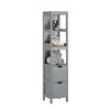 A tall, narrow gray bathroom storage unit with open shelves and two drawers. Produktbild-Vorschau