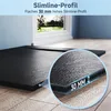 A black shower tray with a slate texture is shown on a wooden floor, with a close-up inset highlighting its slim profile and dimensions. Produktbild-Vorschau