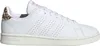 A side view of a white Adidas Advantage women's tennis shoe with leopard print detailing on the heel. Náhled obrázku produktu