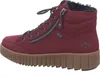 A side view of a red women's boot with a brown sole. Produktbild-Vorschau
