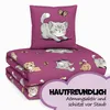 A stack of folded bedding with a pillow on top, all featuring a cartoon cat print. Produktbild-Vorschau