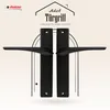 A pair of black door handles with mounting plates, presented against a light, patterned background with graphic elements and text. Produktbild-Vorschau