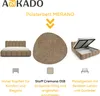 A marketing image showcasing a bed frame with fabric upholstery, highlighting its features and material. Produktbild-Vorschau