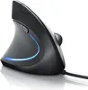 A close-up, studio shot of a black, vertical, ergonomic computer mouse with blue LED lighting, isolated on a white background. Produktbild-Vorschau