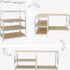Collage showing different configurations of a metal shelving unit with MDF shelves. Produktbild-Vorschau