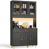 A dark gray kitchen hutch with glass doors and wooden accents. Náhľad obrázku produktu