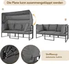 Two views of a garden lounge set, one with the canopy up and one with it down, with close-up details of the mechanism and fabric. Produktbild-Vorschau