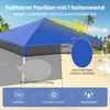 A blue pop-up pavilion on a beach with text overlays describing its features. Podgląd zdjęcia produktu