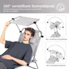 A man is relaxing on a lounge chair with a sunshade. The image also includes diagrams illustrating the sunshade's adjustability. Produktbild-Vorschau