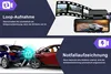 Collage of marketing images for a dashcam, showing features like loop recording and emergency recording. Produktbild-Vorschau