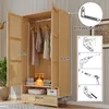 A wooden wardrobe with doors open, showing clothes hanging inside, and dimensions indicated. An inset shows instructions for anti-tip hardware. Náhled obrázku produktu