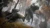 A character on horseback is being chased by a large, monstrous creature in a forest setting. Produktbild-Vorschau