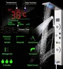 A digital display showing shower functions and temperature, alongside a stainless steel shower panel with water flowing. Náhľad obrázku produktu