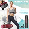 A woman is posing with fitness equipment, including a yoga mat and dumbbells, in a gym-like setting. The image is overlaid with promotional text and graphics. Produktbild-Vorschau