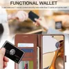 A person's hand is holding a black credit card in front of a brown leather wallet case for a smartphone. The wallet case is open, showing card slots and a money pocket, and a smartphone is inserted. Produktbild-Vorschau