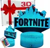 A product shot of a Fortnite-themed LED lamp and its packaging, along with a remote control. Voir les images du produit