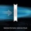 An arrow graphic pointing towards a white fan blade, with blue streaks suggesting airflow, and text at the bottom. Produktbild-Vorschau
