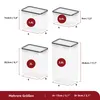 Four different sizes of clear plastic food storage containers with black lids are shown, each with dimensions and volume labels. Produktbild-Vorschau