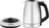 A stainless steel electric kettle and its base are shown against a white background. Voir les images du produit