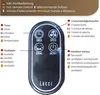 A remote control for a fan is shown with labels in multiple languages indicating its functions. Produktbild-Vorschau