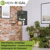 A corner shelf unit with plants and books, set against a brick wall and a white wall with a framed picture. Produktbild-Vorschau