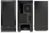 Three views of a black computer tower case are shown side-by-side. Voir les images du produit