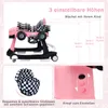 A collage of images showing a pink baby walker in different views, highlighting its features and dimensions. Náhled obrázku produktu