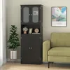 A black cabinet is shown in a room next to a green sofa and a potted plant. Náhľad obrázku produktu