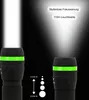 Two flashlights are shown with beams of light projecting upwards. Text overlays describe features. Podgląd zdjęcia produktu