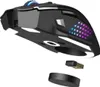 A black gaming mouse with RGB lighting is shown from a low angle, with its wireless USB dongle and charging dock detached below it. Anteprima dell’immagine prodotto