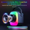 A close-up, angled view of a portable speaker with colorful LED lights, showcasing its internal components and highlighting its sound features. Podgląd zdjęcia produktu