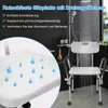 A shower chair with a backrest and armrests is shown in a shower stall, with water spraying from the showerhead. A close-up inset shows the seat with drainage holes and water droplets. Produktbild-Vorschau