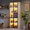 A tall, illuminated display cabinet filled with various decorative items and wine bottles, placed in a room setting with a plant and a framed picture on the wall. Voir les images du produit