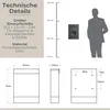 Technical details and dimensions of a mailbox, with a silhouette of a person for scale. Produktbild-Vorschau