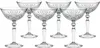 A set of six clear crystal coupe glasses with decorative etching on the bowls and faceted stems, arranged in a group on a white background. Produktbild-Vorschau