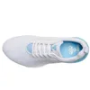A top-down view of a white athletic shoe with light blue accents. Produktbild-Vorschau