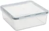 A clear, well-lit studio shot of a transparent square food storage container with a light gray lid. Voir les images du produit