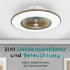 A ceiling fan with integrated lighting is mounted on a white ceiling, with text overlays promoting its features. Produktbild-Vorschau