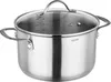 A stainless steel pot with a glass lid and handles, shown from a side-angle. Produktbild-Vorschau